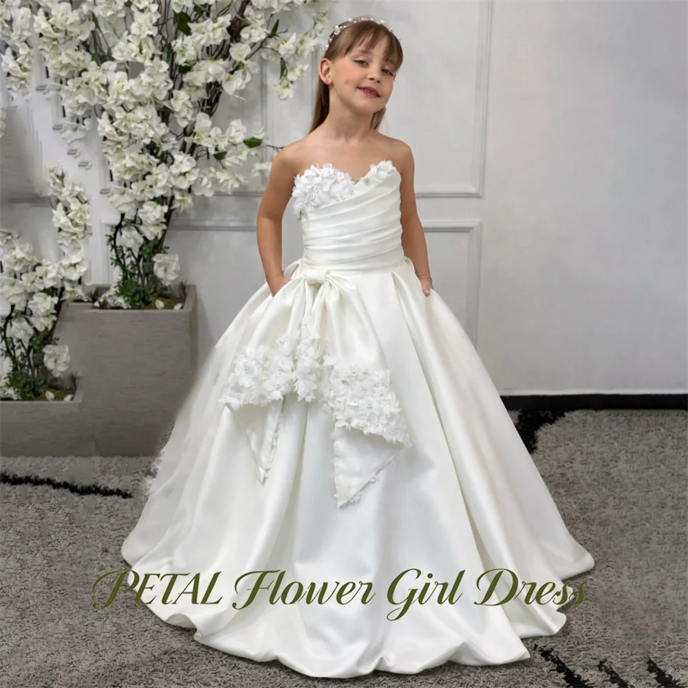 Petal Sweetheart First Communion Gown With 3D Flowers Girls Princess Dress Waist Bow Evening Party Dress for Girls Customized