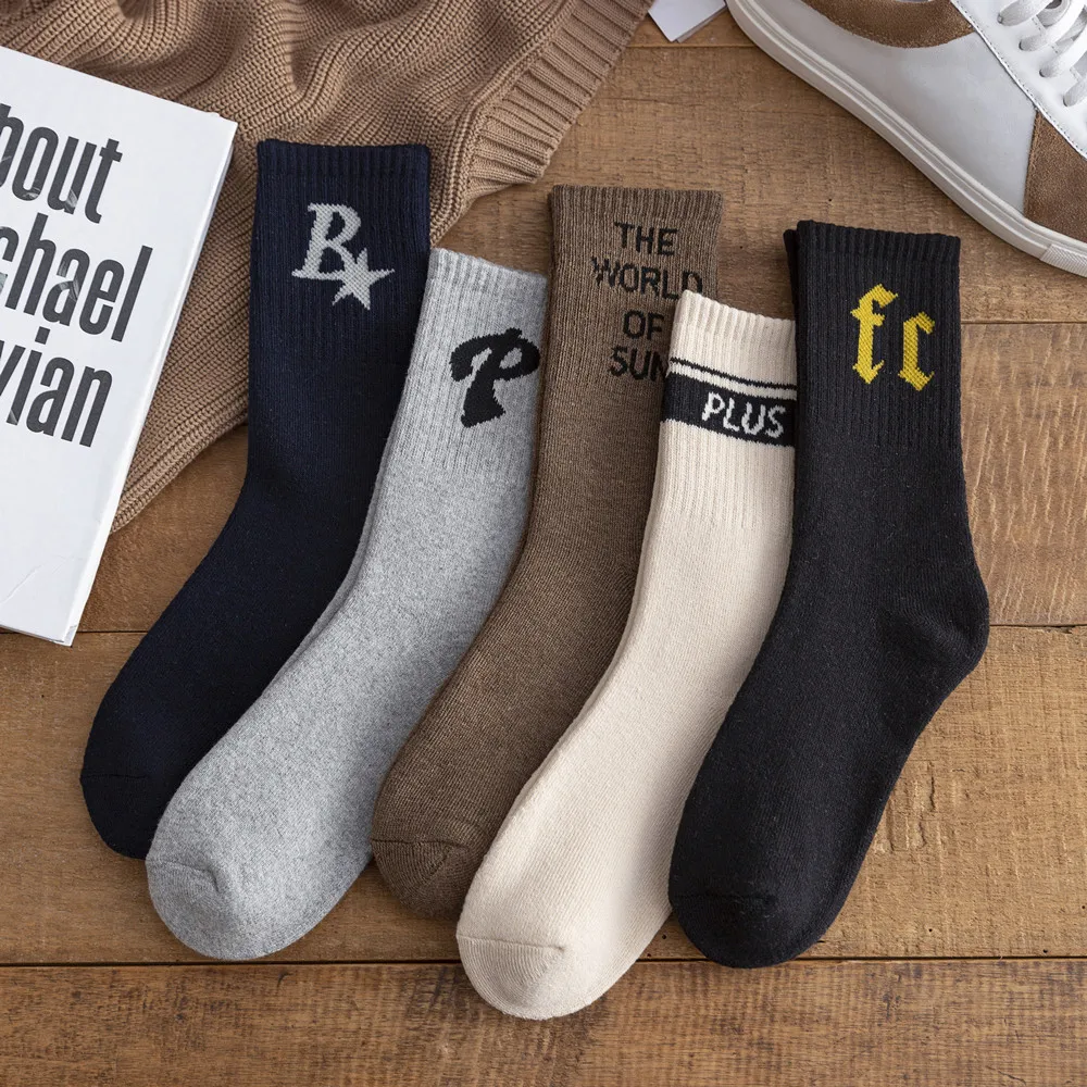 

5PR Men's Winter Stockings Winter Student Autumn and Winter Warm-Keeping Socks Ins Trendy Terry Thick Socks Winter Warm