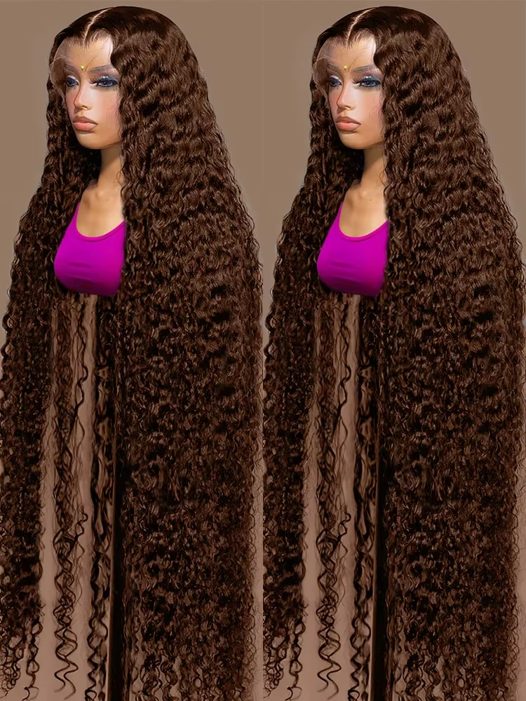 

30 Inch Chocolate Brown Curly Lace Front Wig Human Hair 13x6 Deep Wave HD Lace Frontal Wig PrePlucked Glueless Wig 250% Density