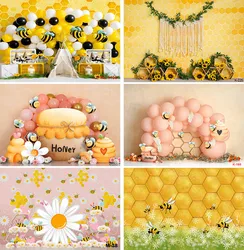 Sweet Bee Theme Princess Girl Happy Birthday Party Backdrop Photography Cartoon Hexagon Beehive Honeycomb Bumble Bee Backgroun