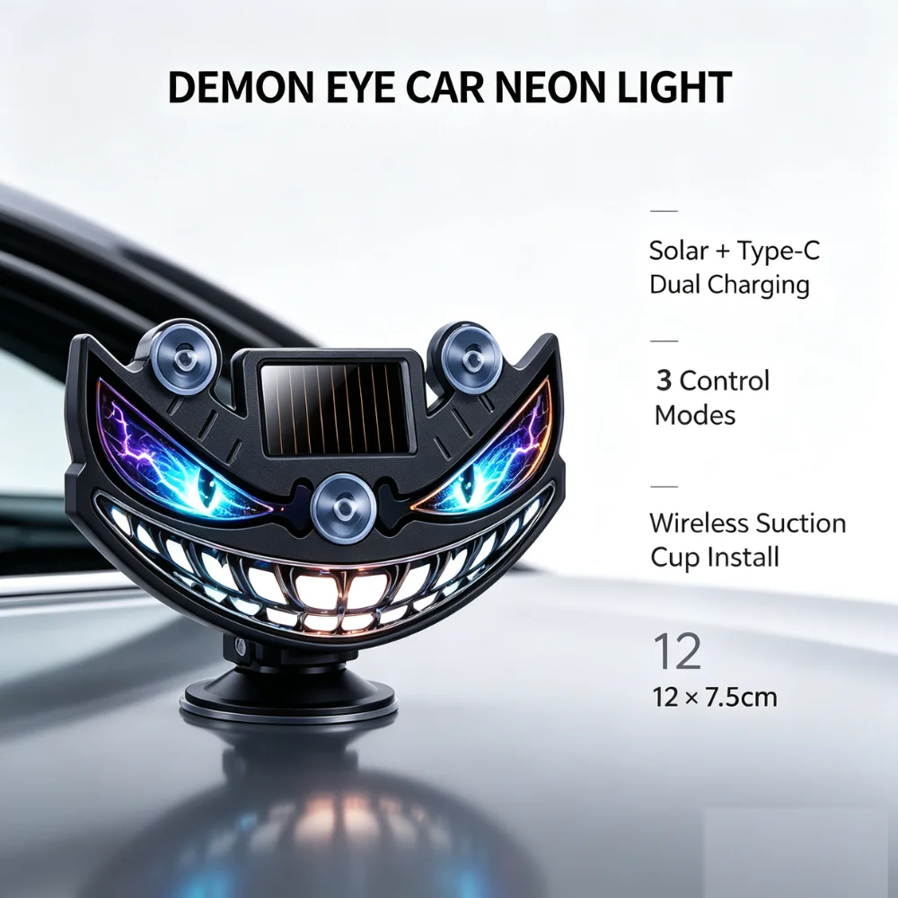 Solar Dynamic Neon Atmosphere Lamp LED Devil Eye Car Light Wireless Windshield Decoration With Suction Cup Car Sensor