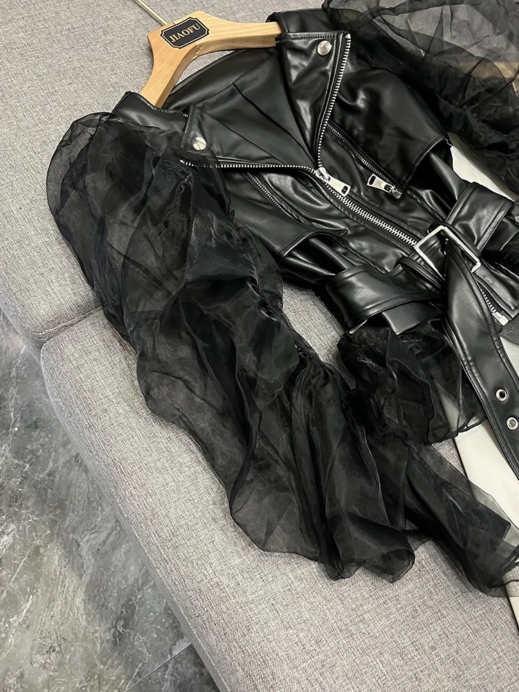 Street Style Motorradjacke für Damen, Langarm, Leder-Patchwork-Mantel, Dominanter Look, Transparente Optik