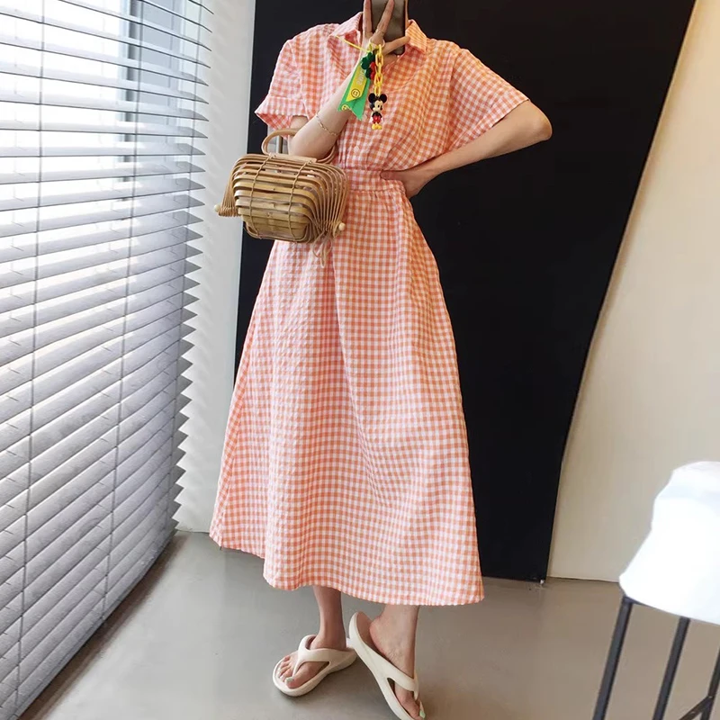 

SuperAen 2024 Korea Chic Summer Vintage Lapel High Waist Short Sleeve Long Dress for Women