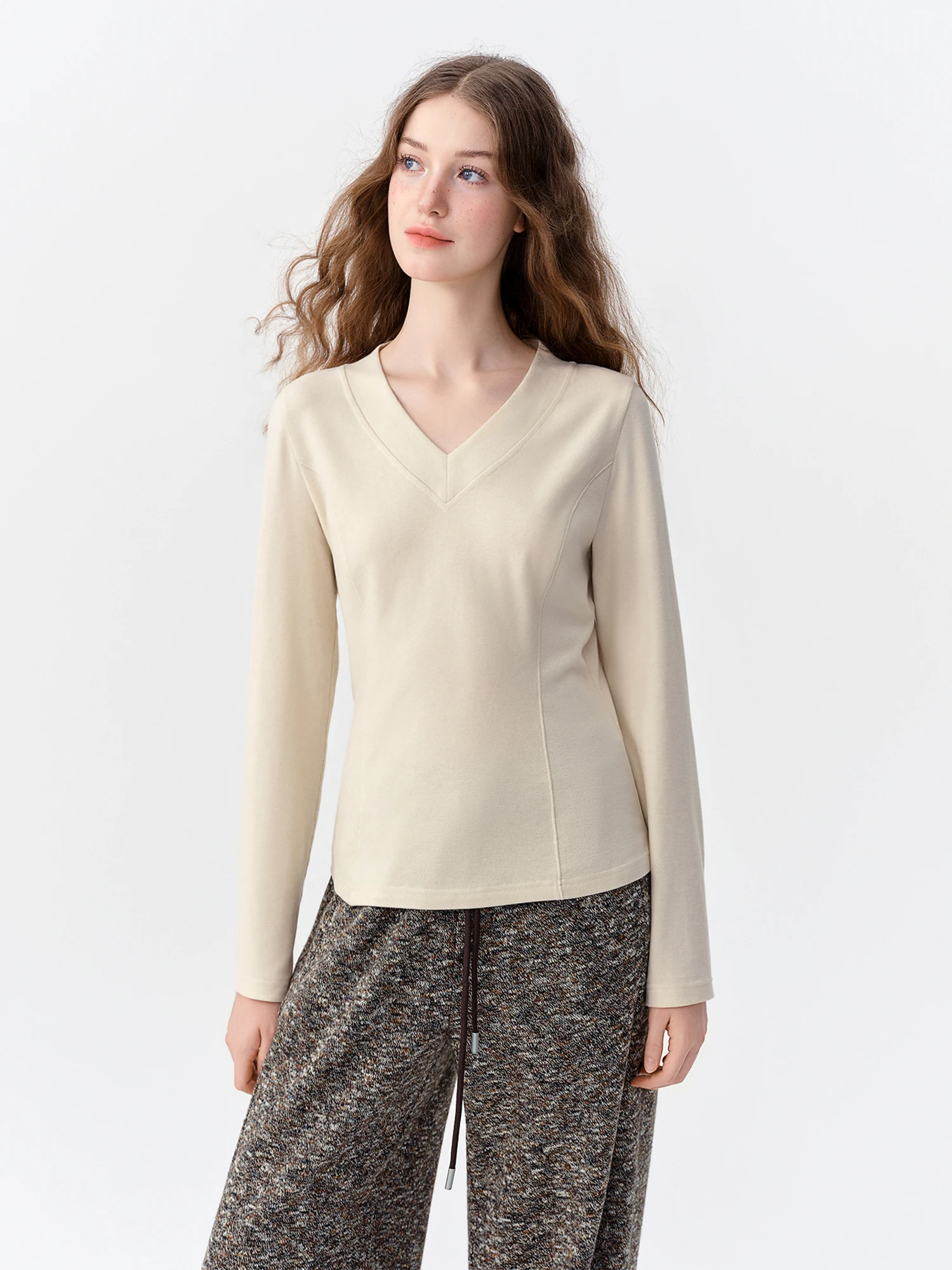 DUSHU Women's V Neck Long Sleeve Soft Blend Slim Knit T-Shirt Solid Color Base Layer Elegant Commute Lightweight Layering Top