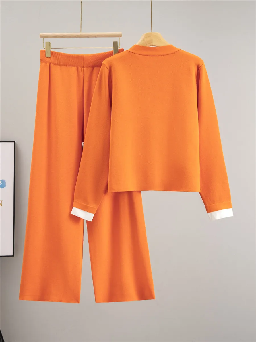 الكورية تصميم محبوك 2 قطعة مجموعات النساء زر كبير الخامس الرقبة طويلة الأكمام سترة القمم Conjuntos عالية الخصر بنطال ذو قصة أرجل واسعة الزي