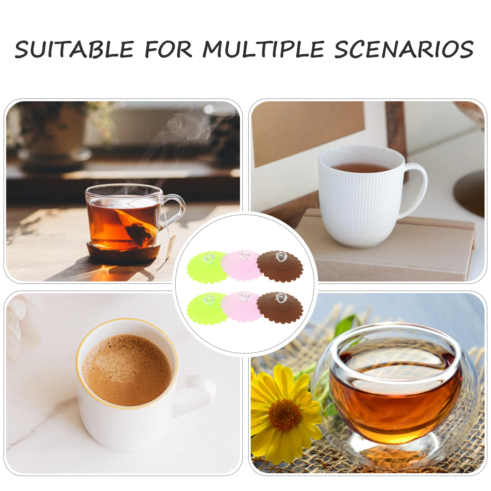 

6 pcs 10.5Cm Silicone Mug Cover Transparent Diamond Flower Pattern Cup Lids Airtight Leak Proof Reusable Food Grade For Hot