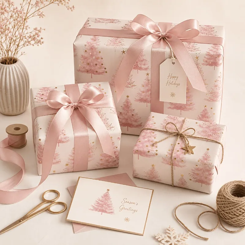 Elegant Pink Christmas Tree Golden Foil Gift Wrapping Paper Roll, Pastel Watercolor Thick Paper For Winter Holiday, Birthday.