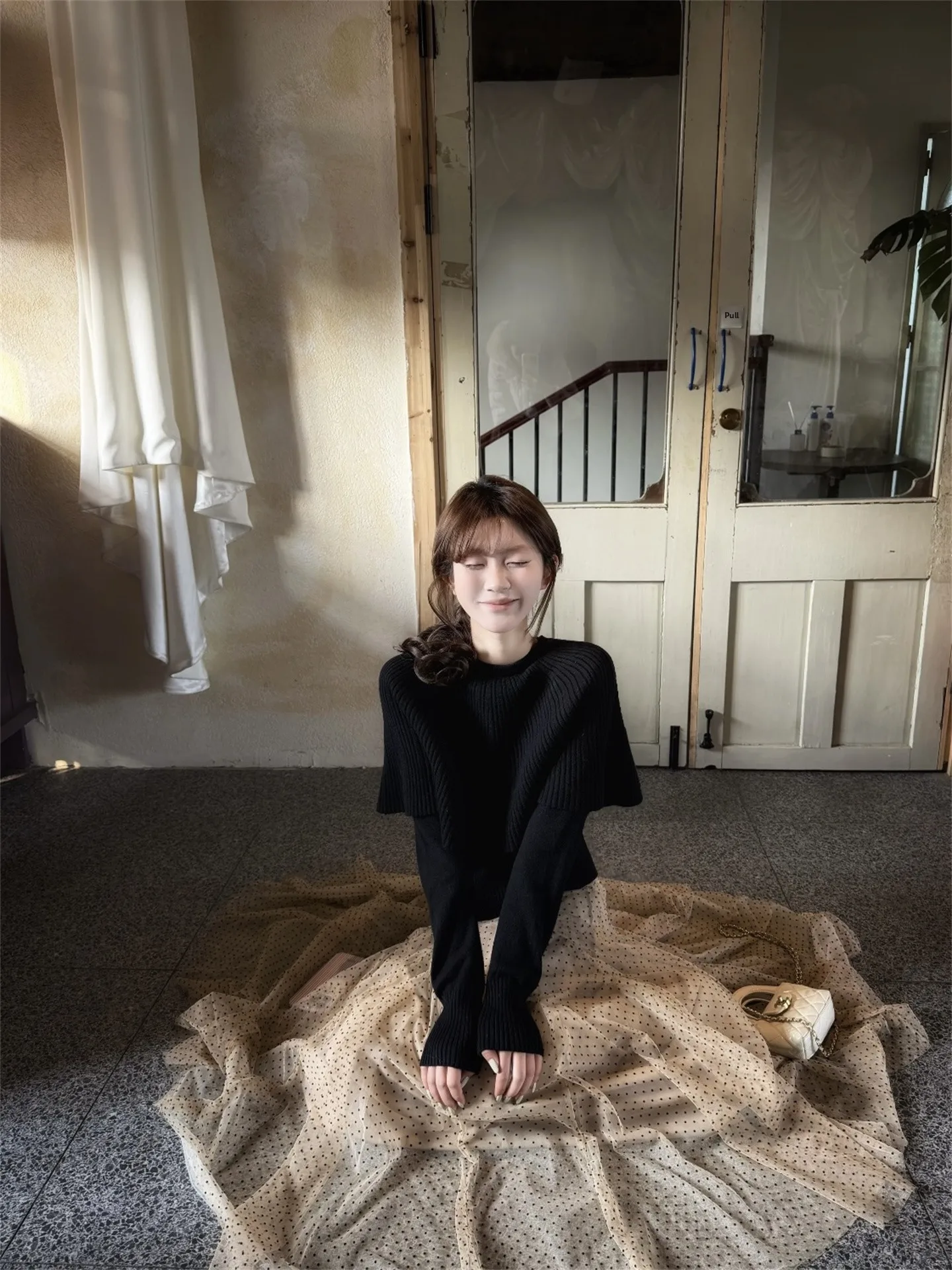 

Kumikumi Vintage Black Long Sleeve Knitted Sweater Women's Spring Polka Dot Skirt Two-Piece Set High Waist Straight Cut