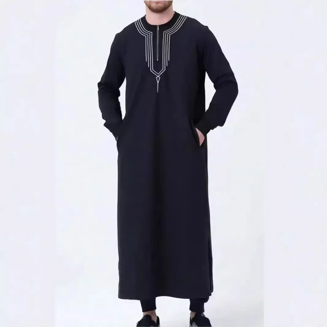 LIBIELIY African Muslim Arab Loose Embroidered Men's Casual Robe, Half Zip Round Neck Long Sleeve Patchwork Robe, Men Spring And