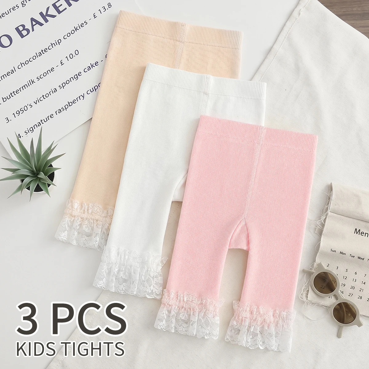3 PCS White kids tights Toddler Girl Lace Hem Solid Color Shorts, Soft Summer Leggings for Daily Outfits kids tights