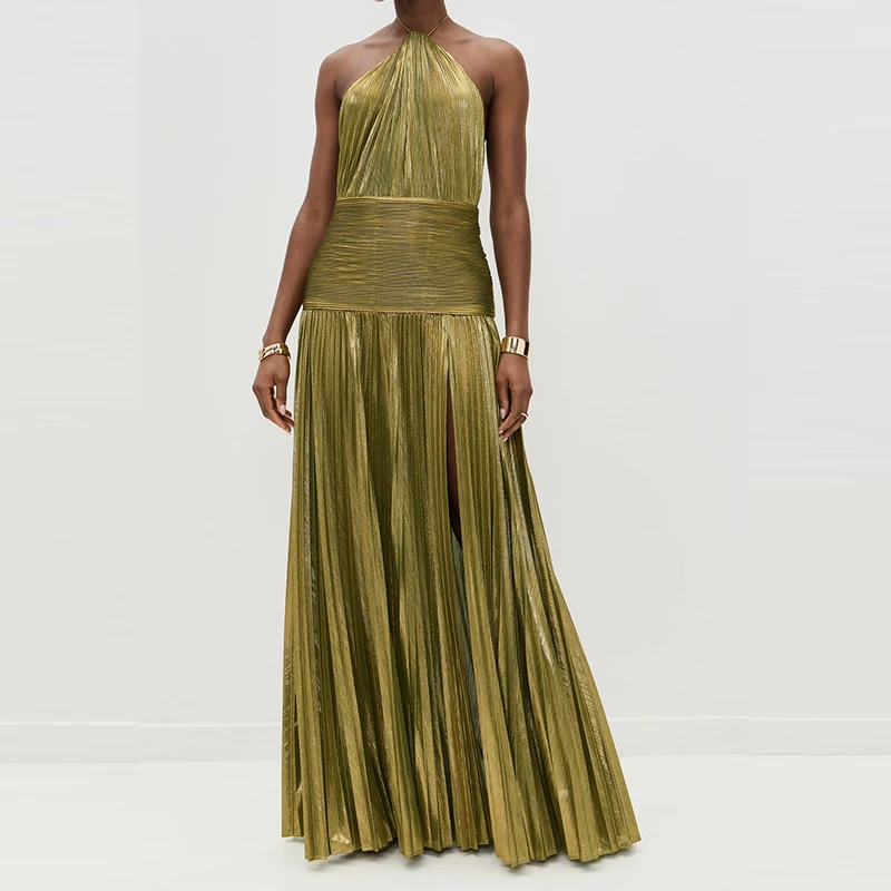 Sexy Backless High Split Party Dress 2025 Fashion Sleeveless Solid Evening Dress Ladies Summer Halter Hollow Pleated Long Dress