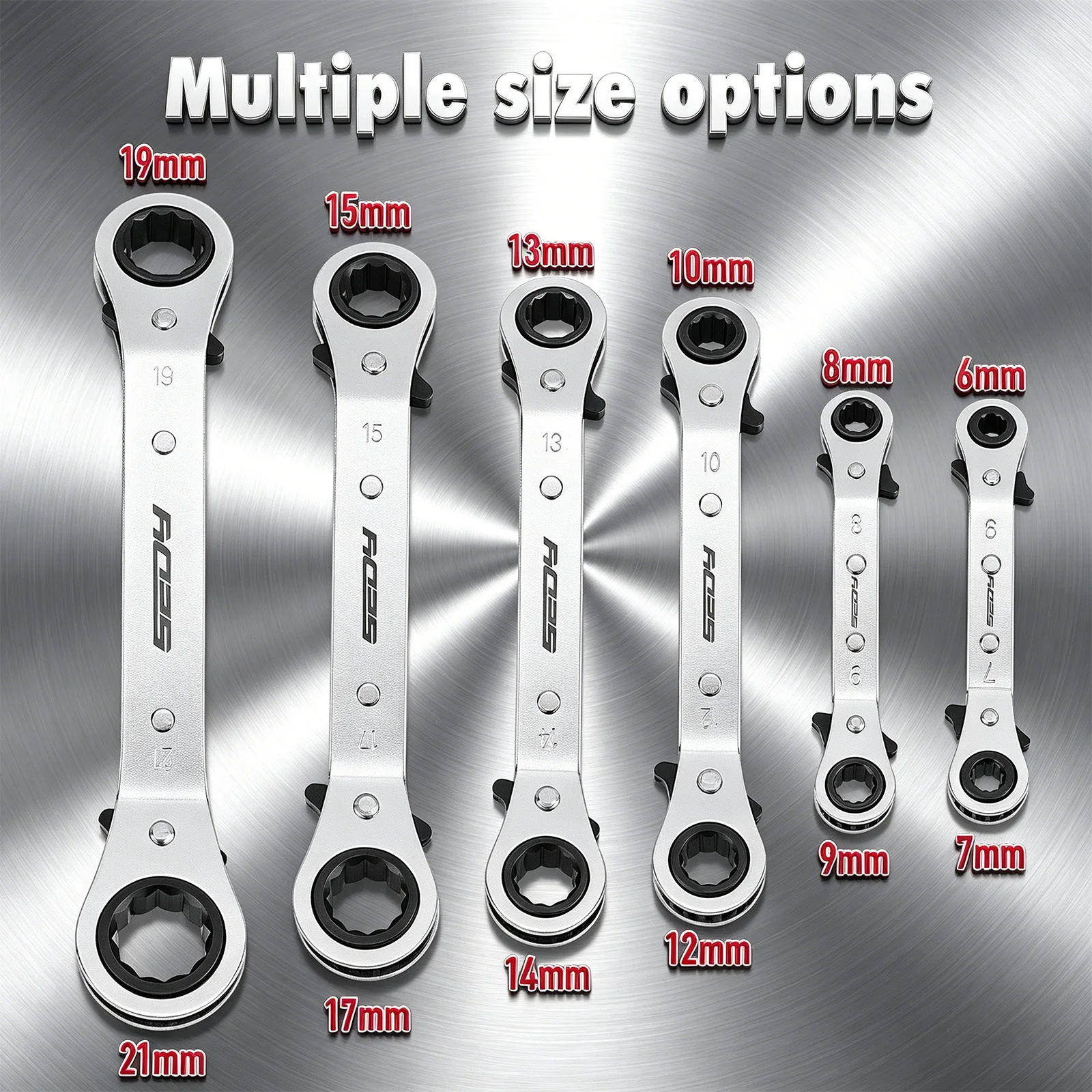 SEDY 6PCS 6-21mm Metric Double Offset Ratcheting Wrench Set, CR-V Steel Chrome Plated, Reversible 25° Design with Storage Pouch