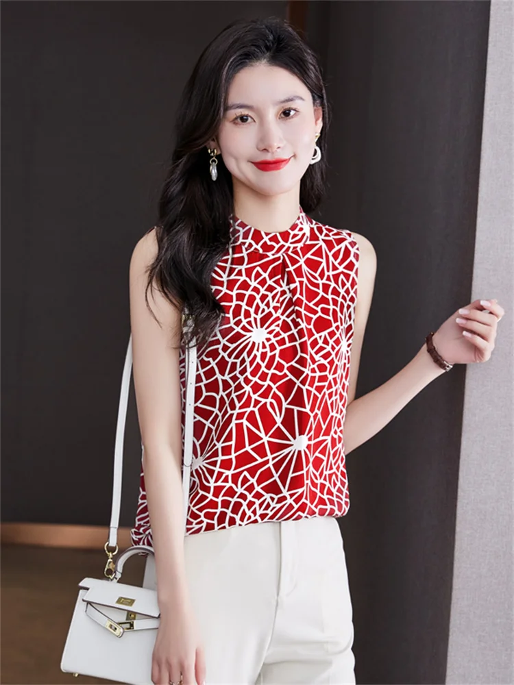 Fashion Women Blouse Elegant Chiffon Blouse Summer 2022 Sleeveless Red  Print  Tank Top Office Lady Formal Shirts