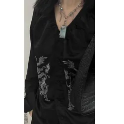 Korean Vintage Embroidery Dragon Print V-neck Blouses Autumn New Mid-length Loose Shirts Women Y2k Long Sleeve Blusas Mujer