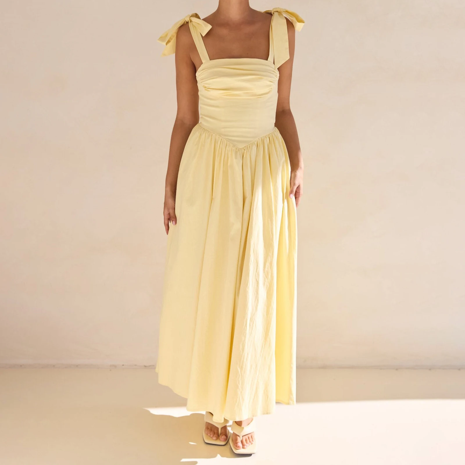 ใหม่แฟชั่นผู้หญิง Tie ไหล่ชุด Ruched สแควร์คอแขนกุด Backless ยาว Cami ชุดสําหรับปาร์ตี้ S-XL