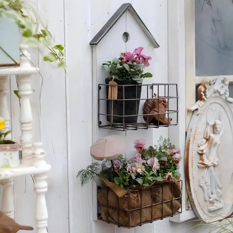 Birdhouse Wall Planter, White Wood Hanging Flower Basket, Rustic Garden Metal Mesh Pot Holder, Balcony Home Decor