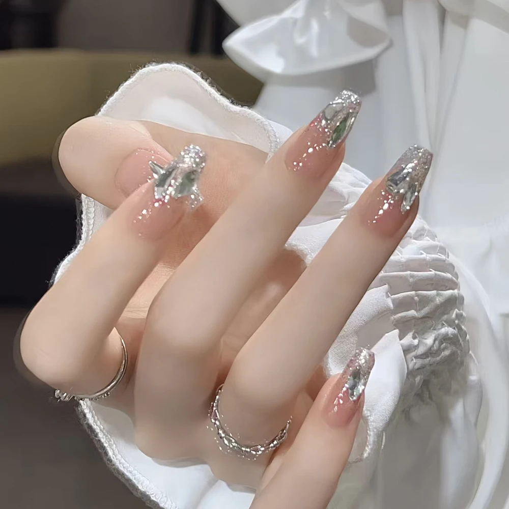 24 قطعة/المجموعة الفرنسية الراين انفجار فلاش اضغط على الأظافر كاذبة واضح كبير الماس الأظافر وهمية تلميح الفاخرة انفصال يمكن ارتداؤها مسمار