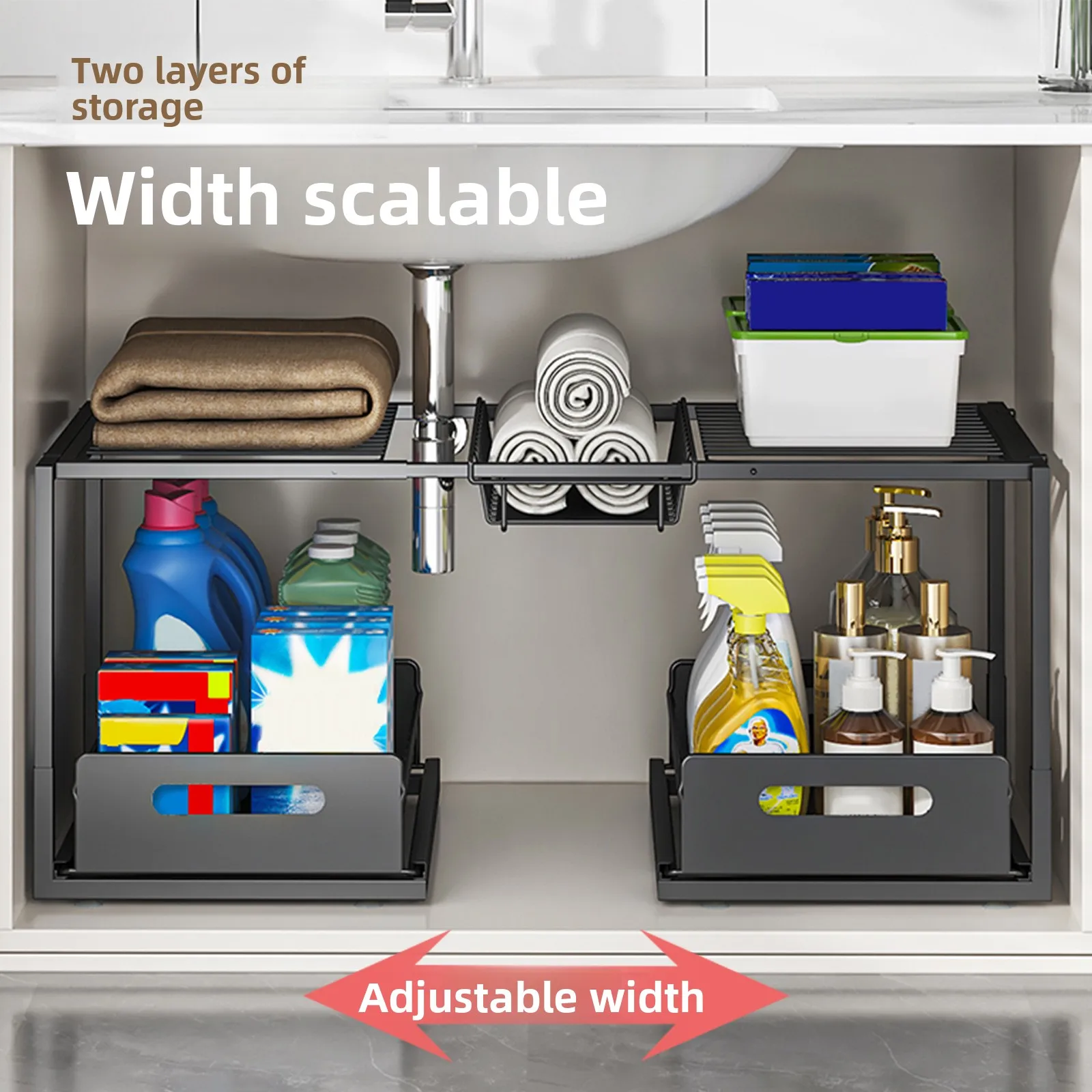 

Durable Kitchen retractable lower sink rack push-pull drawer storage rack storage basket cabinet layered pot storage rack