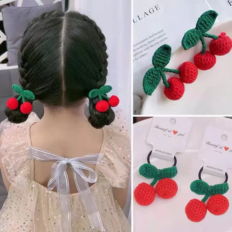 

1pc Knitted Cherry Hair Clip Hairband For Children Girls Cute Barrette Hair Rope Clip Knitted Hairpin Side Clip Hair Accessories