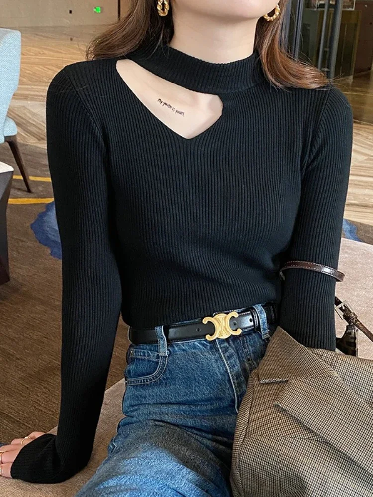 

2025 Solid Knitted Tops Autumn Winter Sweater Women Basic Hollow Out Slim Jumper Soft Warm Pull Women Pullover