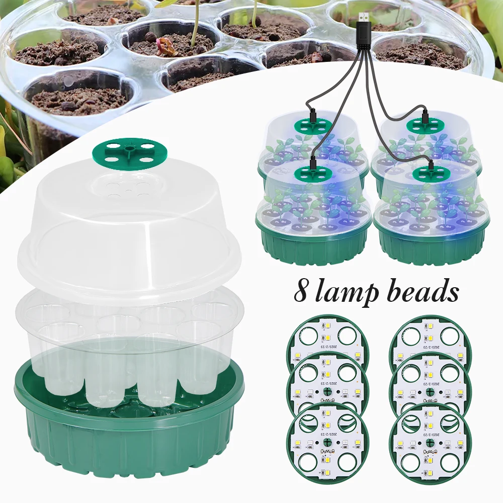 Round Seed Starter Tray Reusable LED Growing Light Germination Box with Adjustable Humidity Dome Garden Nursery Planter Tools