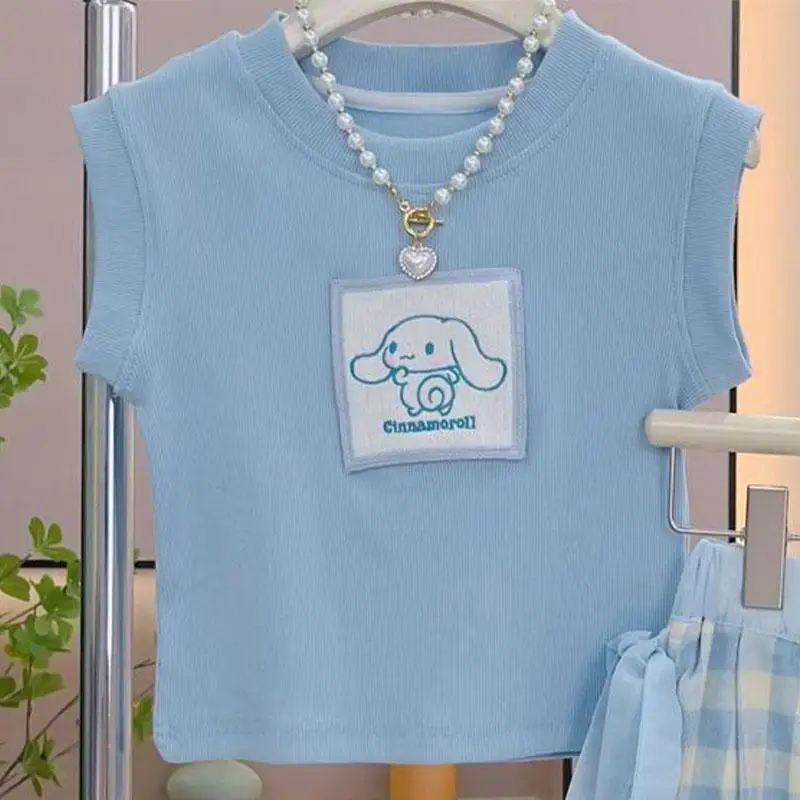 Cinnamoroll-Chaleco con lazo de dibujos animados para niños, pantalones a cuadros, traje de moda para niñas, Tops casuales, pantalones, ropa de verano para niños, regalo para niñas, nuevo