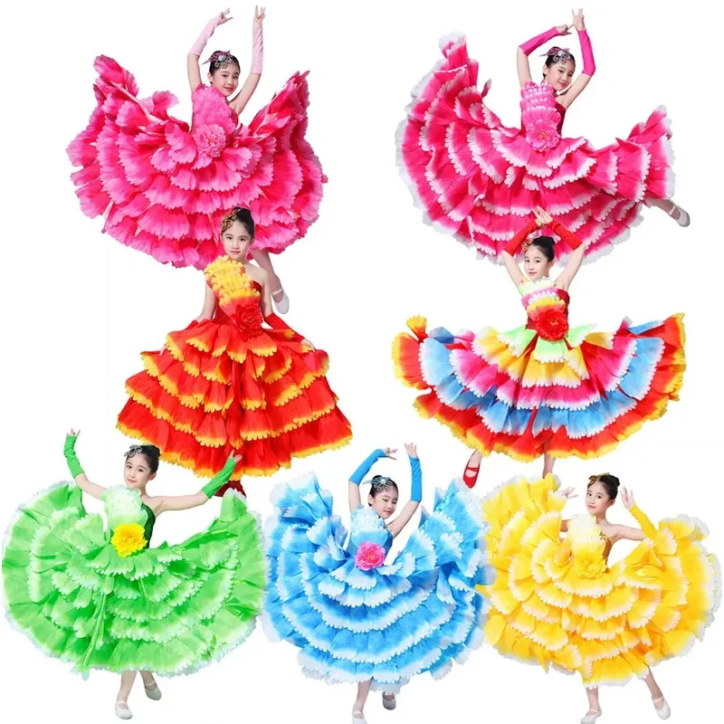 Girls Modern Petal Dance Dress Pageant Costume Spanish Flamenco Ballroom Skirt Kids Stage Performance School Activities Wear