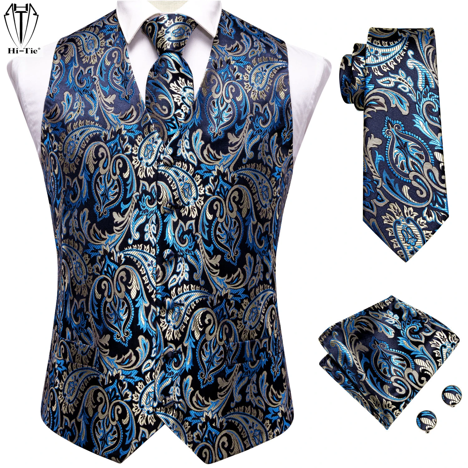 

Hi-Tie Jacquard Silk Mens Dress Vest Hankerchief Cufflinks Set Waist Coat Jacket Necktie Wholesale for Male Wedding Business Big