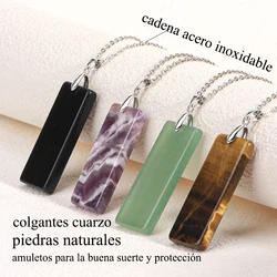 Natural Stone Rectangle Pendants Necklace for Man Pillar Crystal Fluorite Amethyst Tiger Eye Stainless Steel Chain Necklace H225