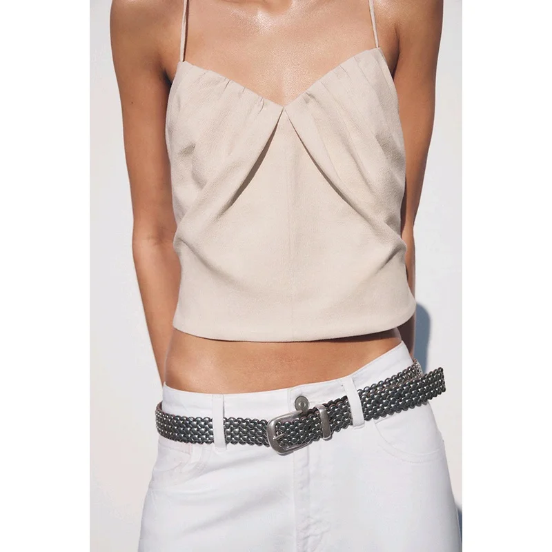 Wiosenna Nowa Damska Bluzka z Mieszanych Włókien z Dekoltem w Kształcie Serca, Plisowana, Prosta, na Cienkich Ramiączkach, Elektryczna, Wygodna, Poliestrowa Kamizelka