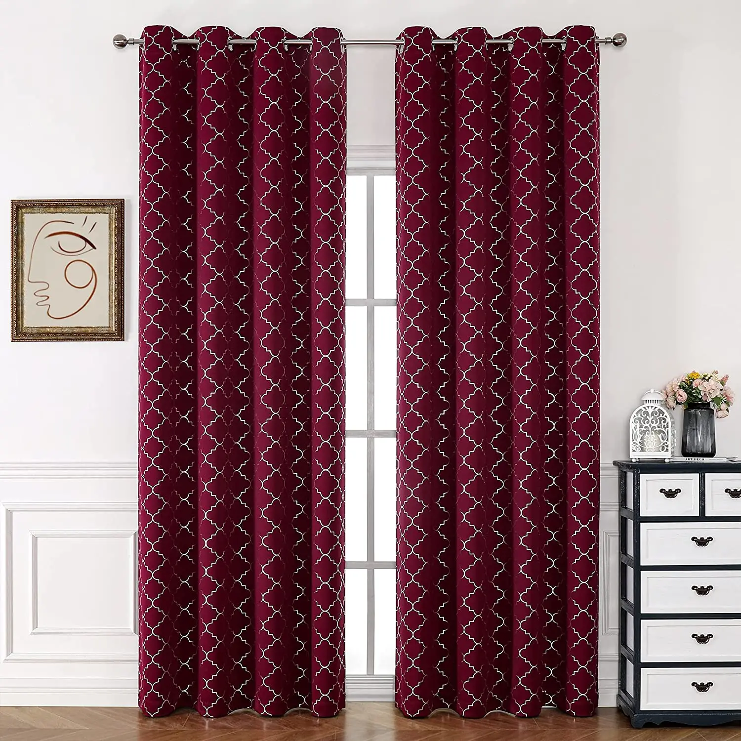 Full Blackout Curtains Burgundy Red Drapery with Gold Geometric Pattern Grommet Window Curtain for Bedroom, Living Room