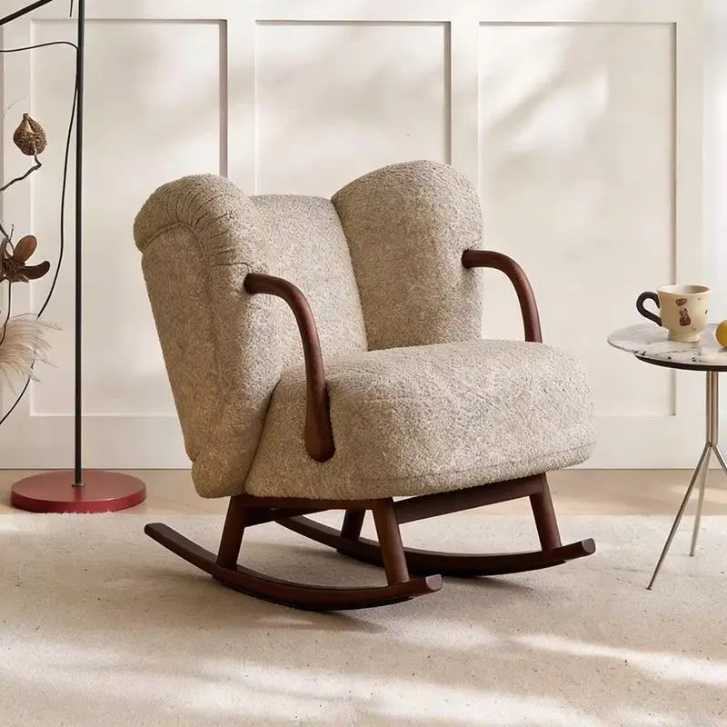 

Medieval single fabric leisure chair balcony retro bedroom homestay solid wood lazy sofa rocking chair armchair