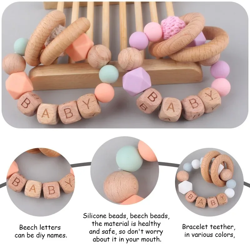 Baby Personalized Name Teethers Teething Toys DIY Accesories Wooden Cartoon Animal Silicone Bead Chew Newborn Molar Bath Gifts