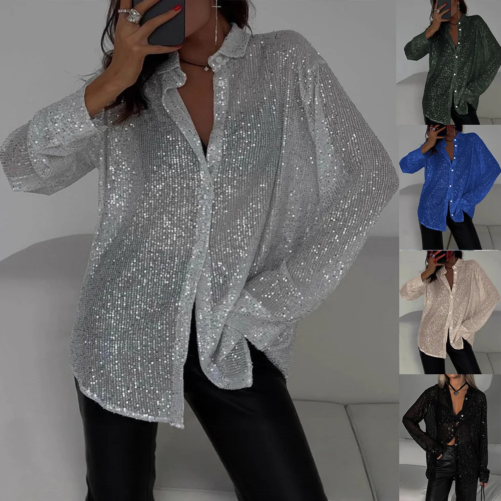 2026 Tossy Sequin Loose Fashion Shirts Female Casual Lapel Summer Clothes New Outwear Glitter Party Blouse Luxury Women's