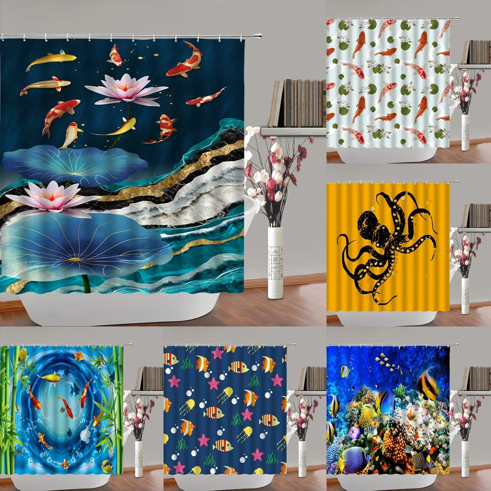 Colorful Carp Fish Japanese Shower Curtain Bathroom Decor Lotus Leaf Pond Octopus Tropical Ocean Bath Curtains Waterproof Fabric