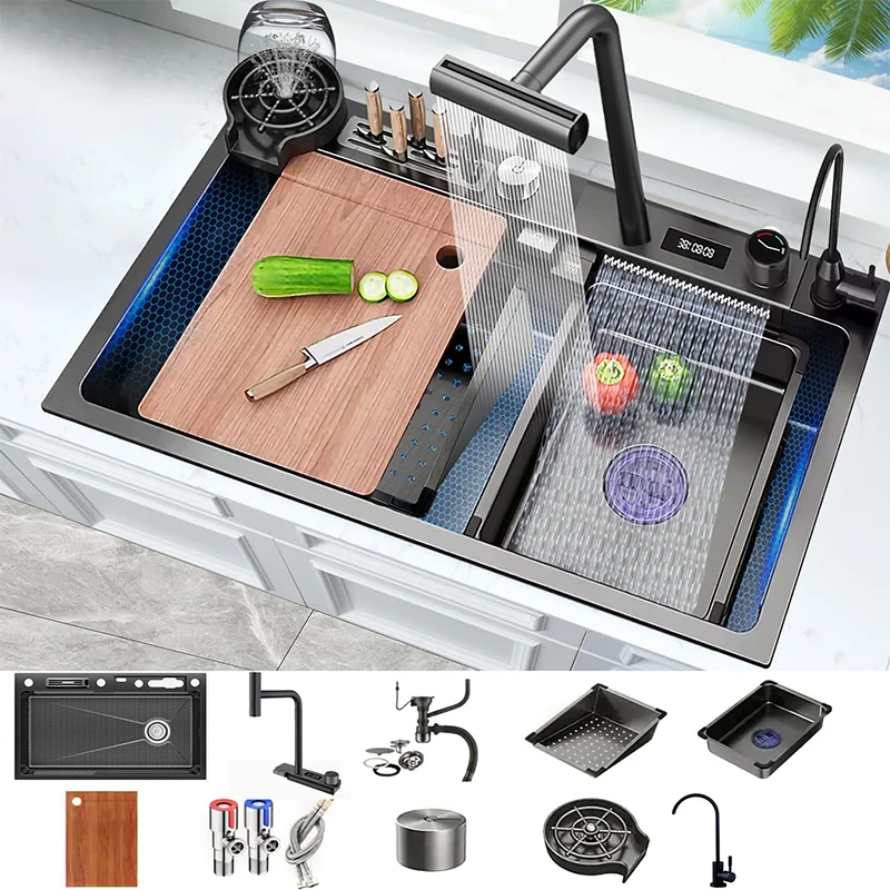 

Luxury Black Modern Waterfall Kitchen Sink 304 Stainless Steel Multifunctional Sink Custom Thickness Size Stretchable Sink
