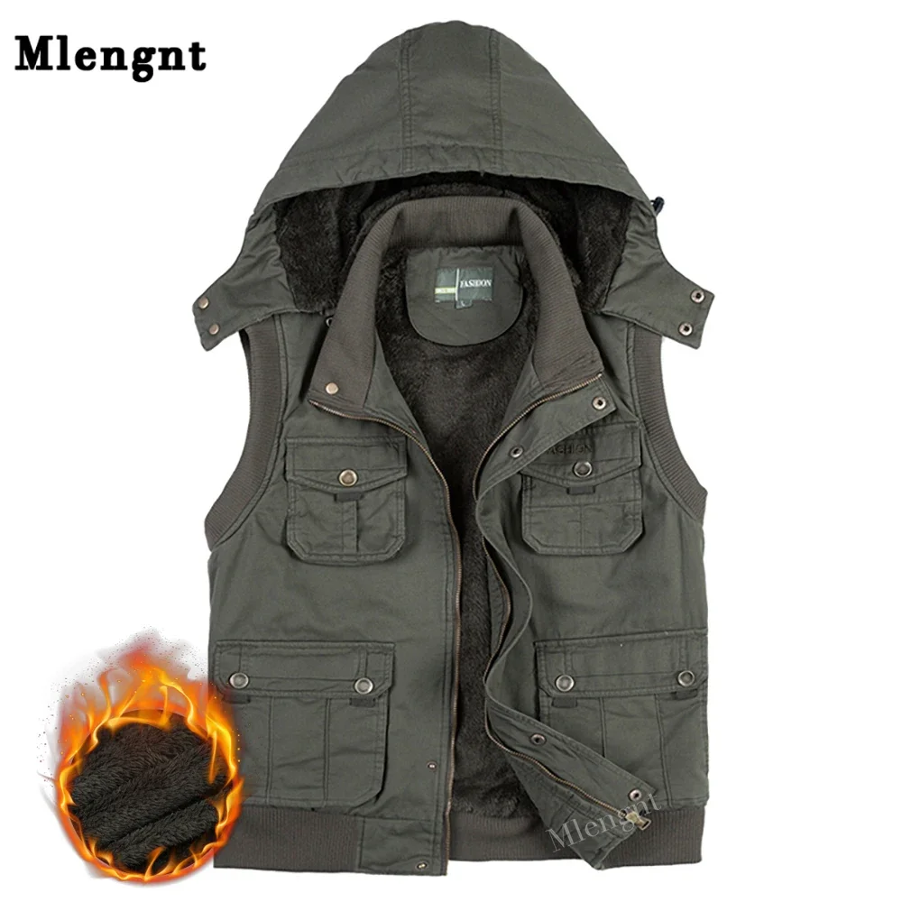 

Fleece Hoodie Multi Pocket Men Vest For Winter Autun Male Thick Warm Parka Travel Khaki Sleeveless Waistcoat With Many Pockets