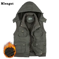 Fleece Hoodie Multi Pocket Men Vest For Winter Autun Male Thick Warm Parka Travel Khaki Sleeveless Waistcoat With Many Pockets