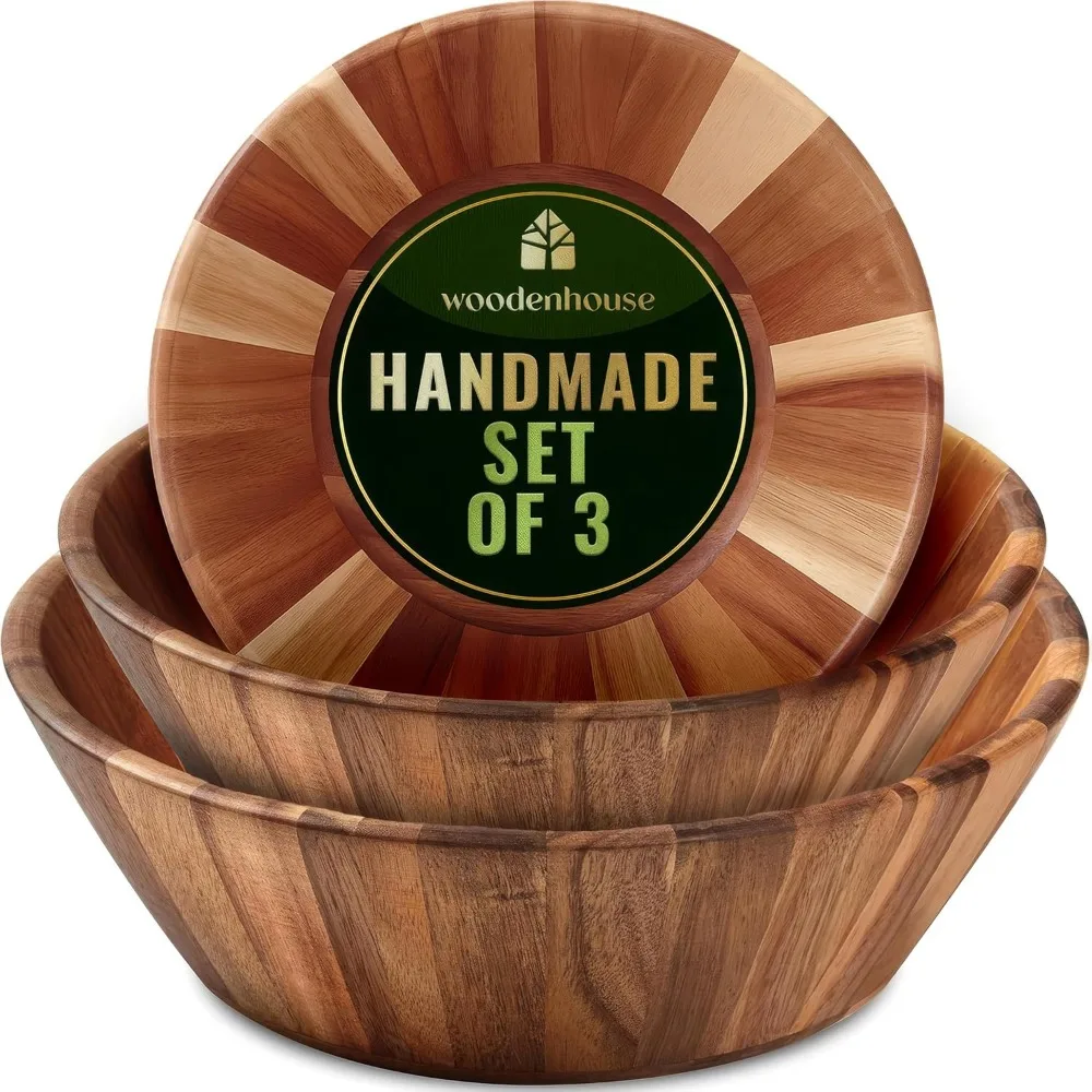 

Handmade Wooden Salad Bowl Set of 3, Round Design for Serving, Durable and Stylish Natural Wood Dining Accessory