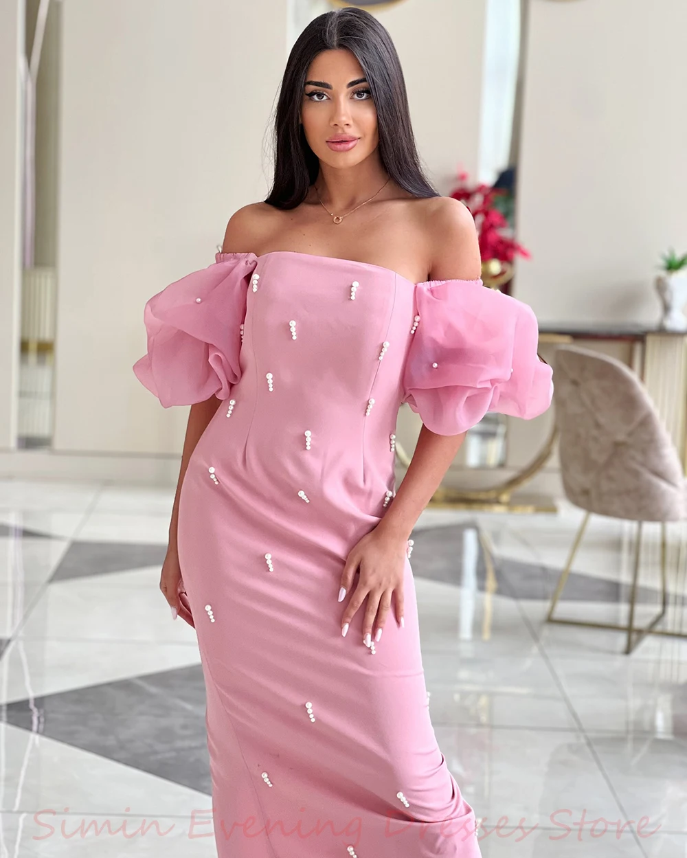 SiMin Strapless Pearls Crepe Mermaid Modern Short-Sleeves Ankle-Length فستانسهرة Saudi Arab Evening Party dresses for women 2024