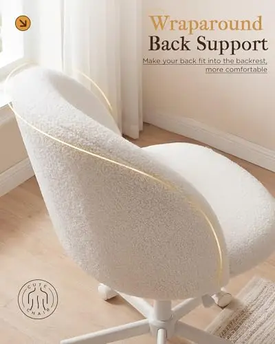 

White Bouclé Office Chair With Rolling Wheels Height Adjustable Wraparound Back Support Soft Lumbar Cushion For Home Desk Use