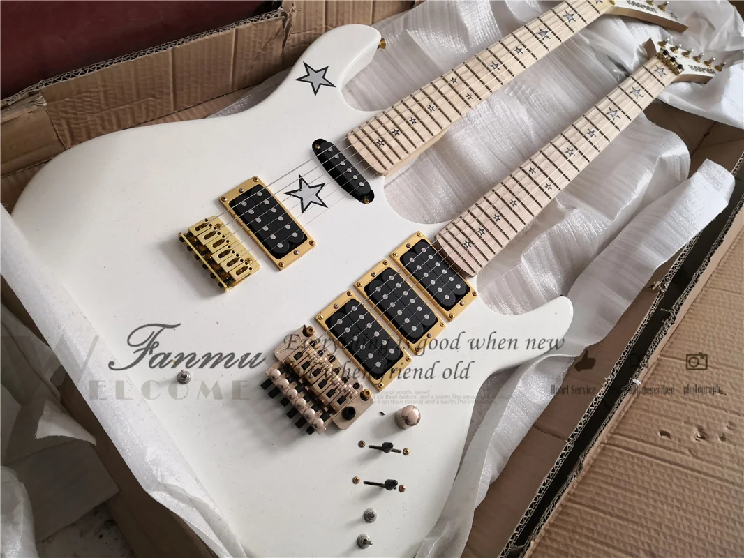 Double Neck White Electric Guitar 6 And 12 strings Neck Kra Body Tremolo Bridge Stars Inlay Gold hardware