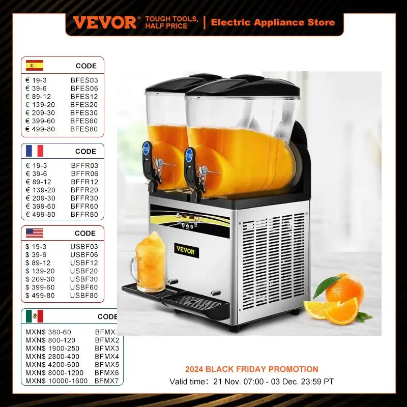 

VEVOR 2x15L Commercial Slushy Machine Double Drink Dispenser Cold Juice Beverage Maker Stainless Steel for Home Bar Restaurant