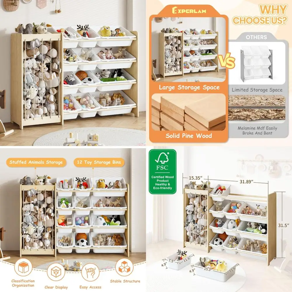 لعبة خشبية مزدوجة الأغراض ومنظم تخزين الحيوانات المحشو مع 12 صندوقًا
