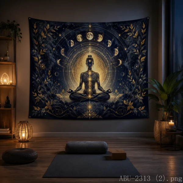 VIKAMA Moon Phase Lotus Yoga Woman Tapestry Pray Pose Starry Sky Wall Hanging Spiritual Meditation Room Home Tapestry Decor