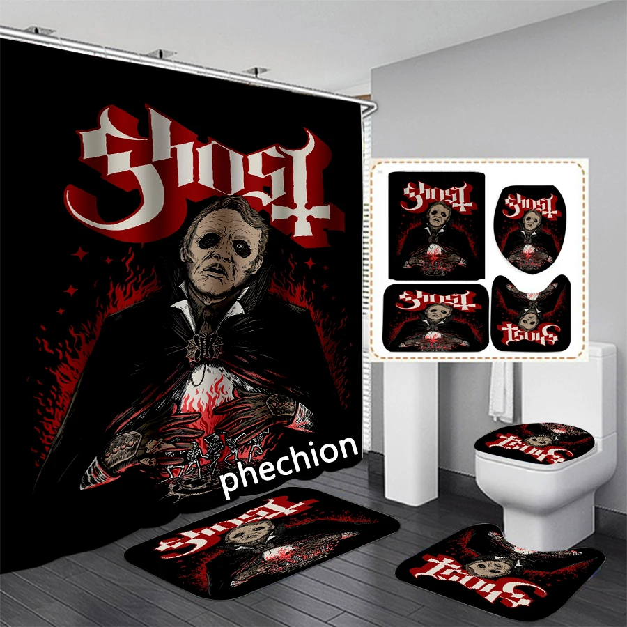 phechion Ghost Band 3D Print Shower Curtain Waterproof Bathroom Curtain Anti-slip Bath Mat Set Toilet Rugs VR332