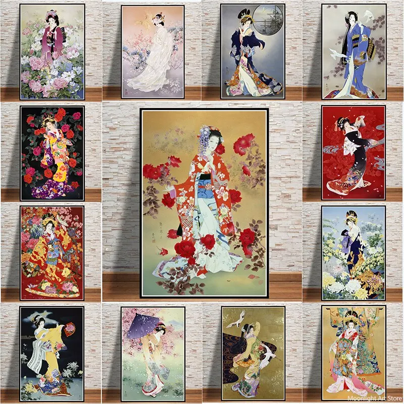 Elegant Japanese Geisha Woman Oil Painting Canvas Wall Art  Anime Poster Prints for Living Room Decor