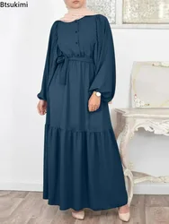 2024 Women's Elegant Muslim Shirt Dress Oversized Puff Sleeve Hijab Caftan Islamic Clothing Casual Belted Jilbab Sundress Female