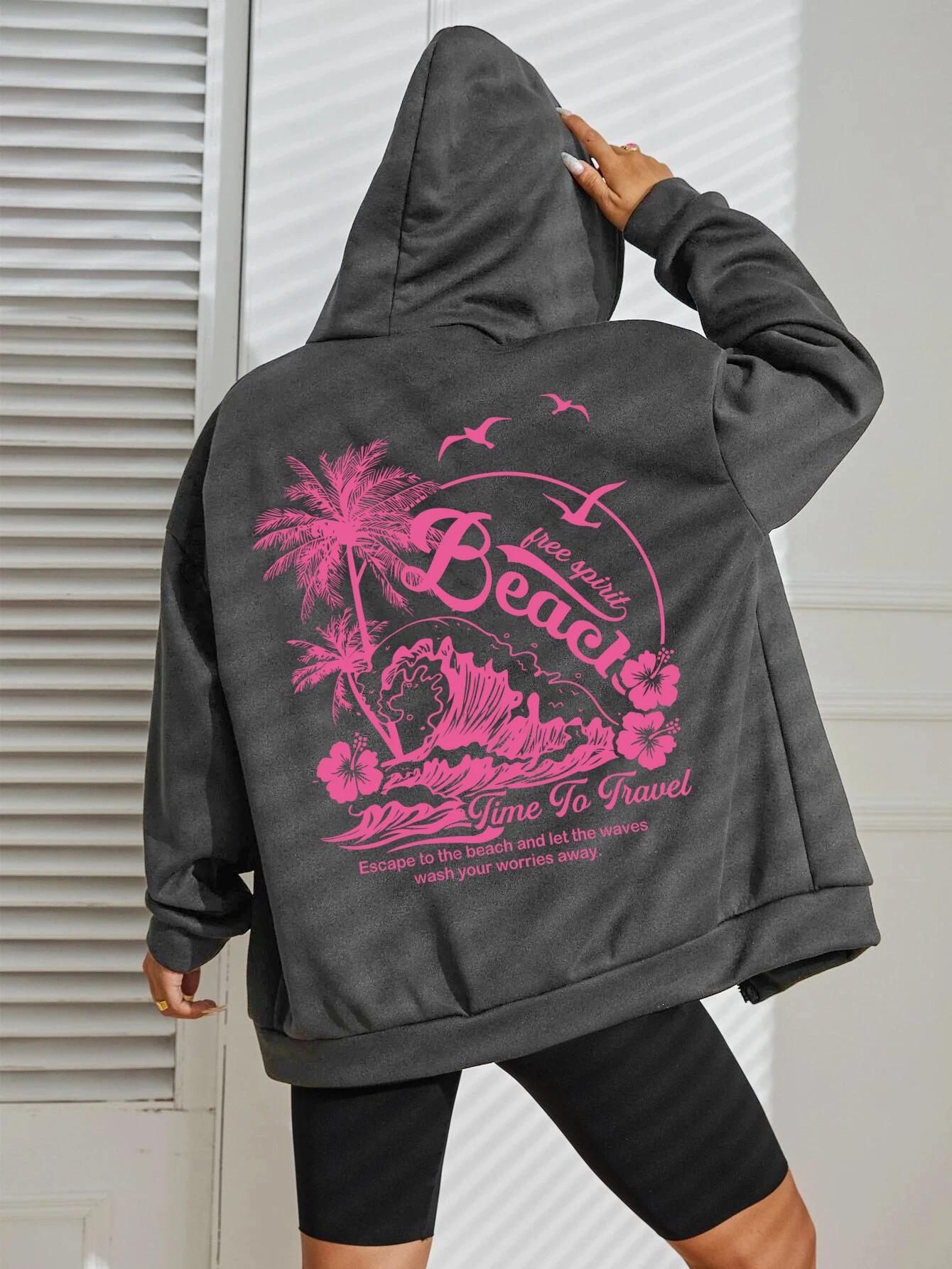 Free Spirit Beach Time Of Travel Print Women Zipper Hoody Fashion Autumn Hoodie Hip Hop Pocket Streetwear Fleece Loose Hoodies