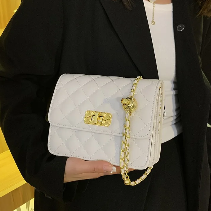 

Women's Quilted Stylish Underarm Bag - Fashionable Lock Minimalist Crossbody with Gold Ball Chain Small Square Bag